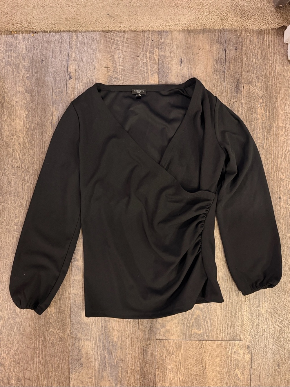 Talbots Petites Black Faux Wrap Ruched Top LP Large Petite